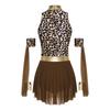 S-3XL Women Cavewomen Primitive Native Cosplay Leotard Dress Detachable Sleeves Leopard Print Irregular Mesh Hem Color Block for Raves Party