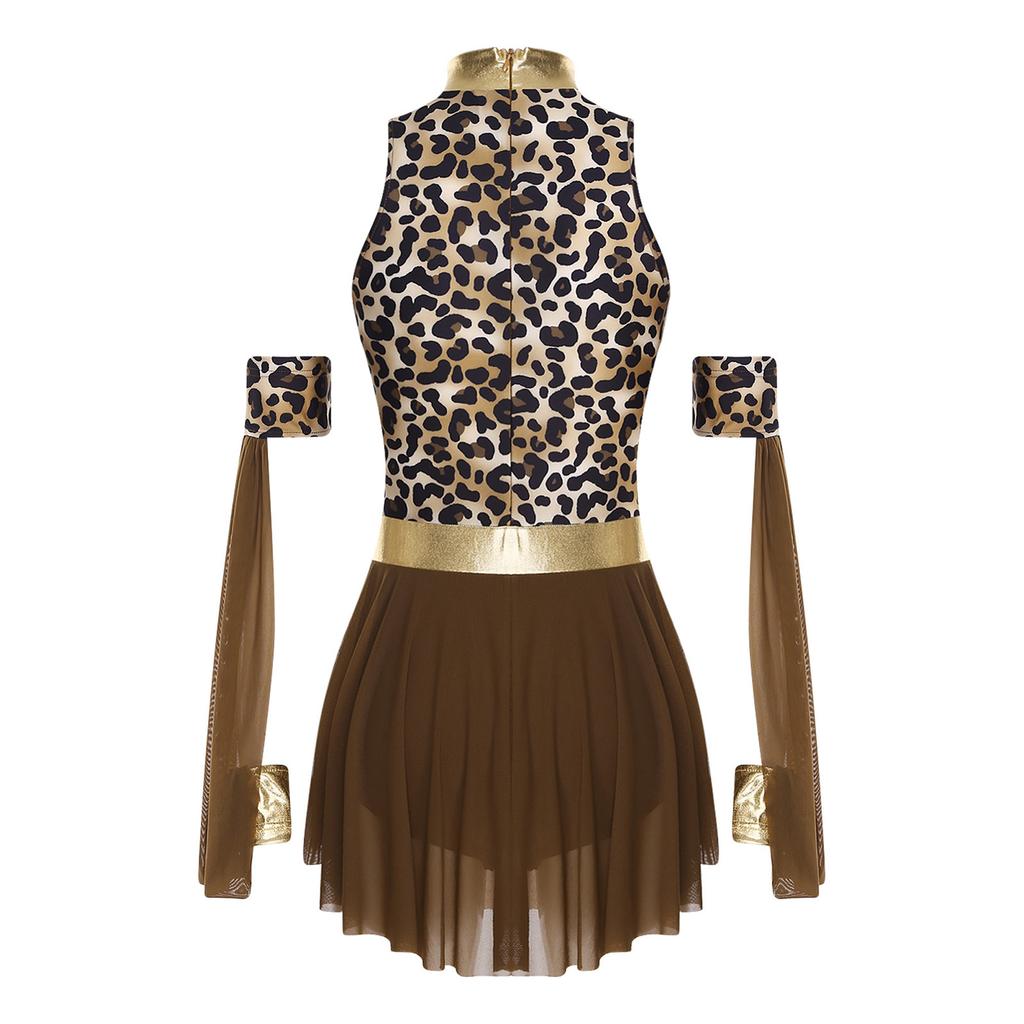 S-3XL Women Cavewomen Primitive Native Cosplay Leotard Dress Detachable Sleeves Leopard Print Irregular Mesh Hem Color Block for Raves Party