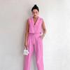 Casual Solid Vest Suit Women Sleeveless Single Breasted Tops High Waist Pants Summer Fashion Lady Elegant Set