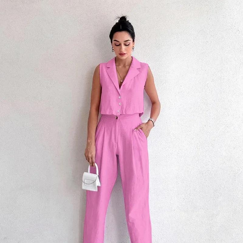 Casual Solid Vest Suit Women Sleeveless Single Breasted Tops High Waist Pants Summer Fashion Lady Elegant Set