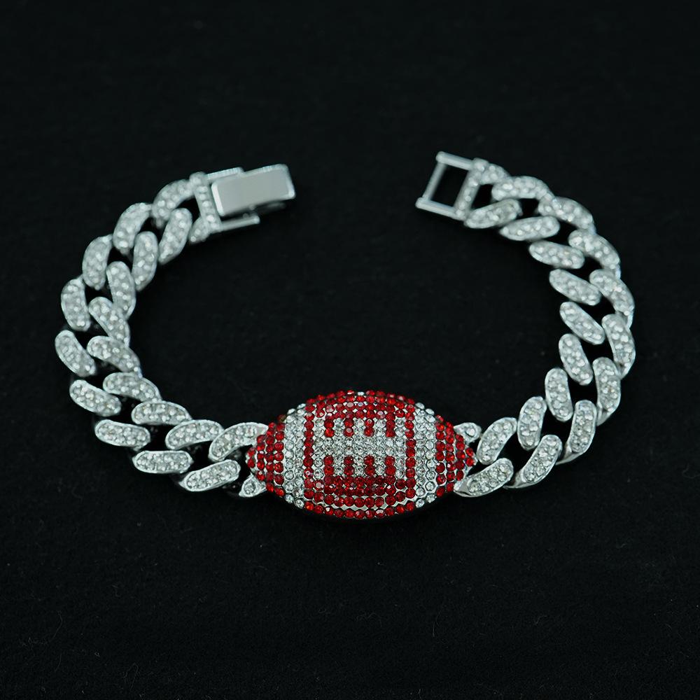 Red Football Full Diamond Cuban Bracelet, Personalized Men's Hip-hop Bracelet.
