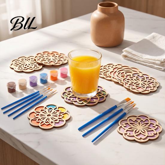 DIY Coaster Painting Set 4 Pcs Wooden Coasters Kit, Paint You Own Craft Kit with Educational Supplies for Family 6 Color Paints And 5 Brushes,