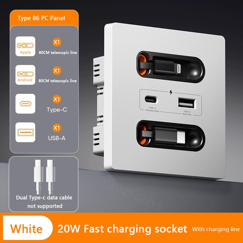Universal Smart Socket With Charging Line 20W Fast Charge USB C Port PC Power Wall Panel,Mobile Phone Charging Type C Outlet