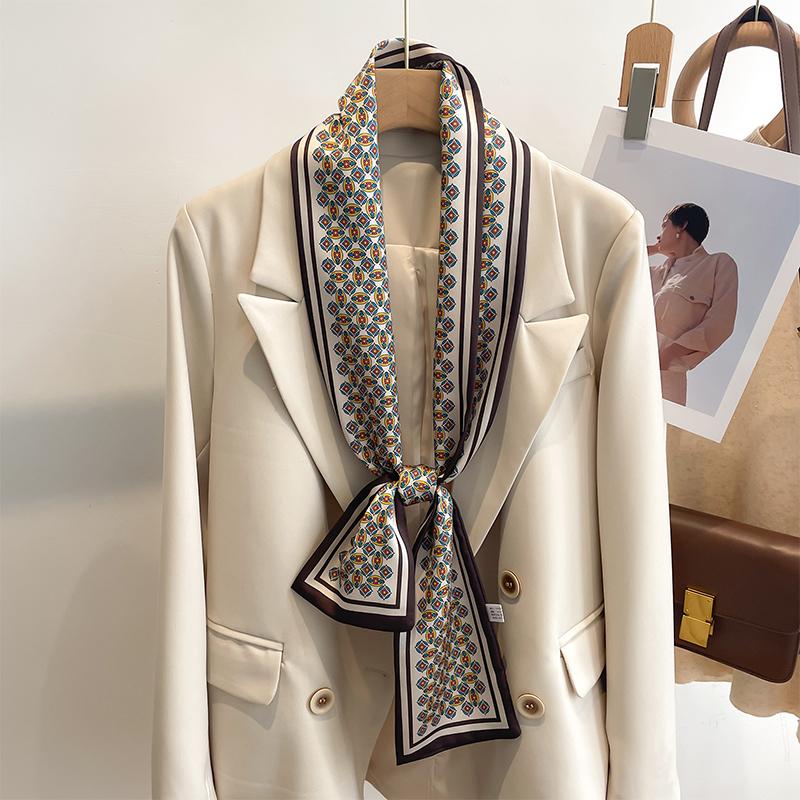 Women Silk Feel Printed Design Scarf Shawl Fashion Luxury Long Narrow Small Silk Scarves Ladies Headband Headscarve Bags Wrap