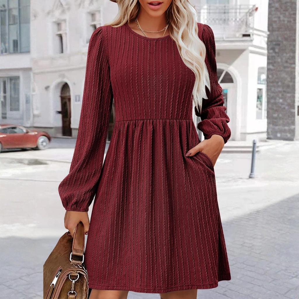 Women's Fashion Casual Solid Round Neck Pullover Loose Long Sleeve Dress