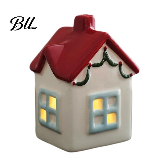 Ceramic Holiday Ornaments Christmas House Figurine, Glowing Window & Chimneys Decor, Miniature Decor for Tabletop Ornament Shelf Mantel, Fairy