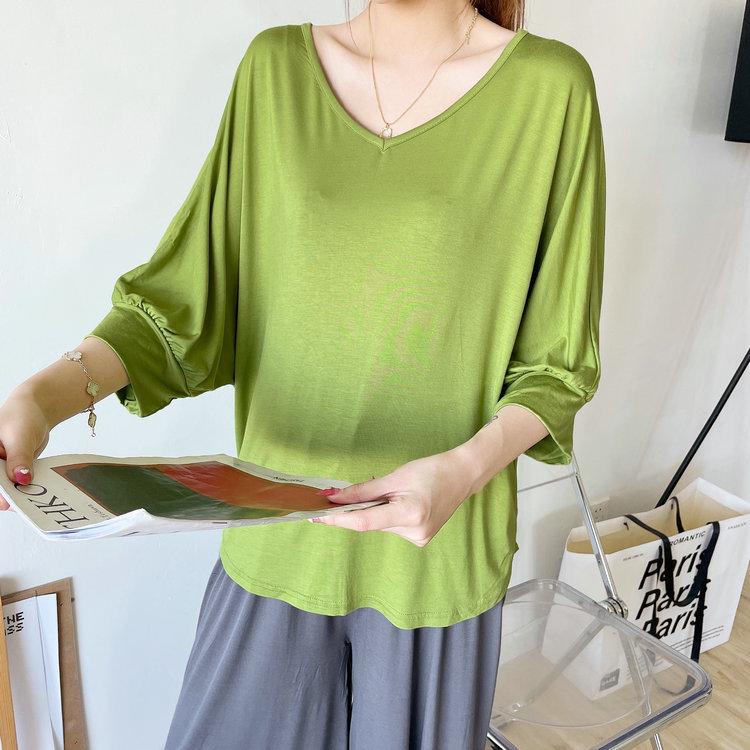 Women's Modal Loose Half-Sleeve Summer Bottoming Shirt: Lightweight, Pajama-Style, Large Size, Short Front, Long Back.