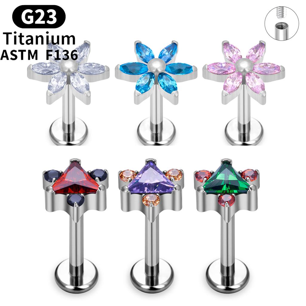 G23 Титановые серьги-гвоздики с узором из цветов и листьев, украшенные фианитами, лабрет, гвоздик для губ, хрящ козелка, серьги-ракушки, ювелирные изделия