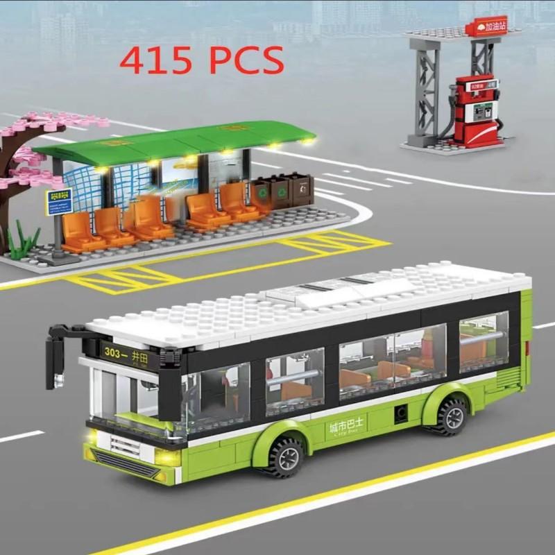 Городской автомобильный зеленый, синий пассажирский автобусный вокзал, одноэтажный общественный набор, фигурки, модельные строительные блоки, игрушки для мальчиков, подарки