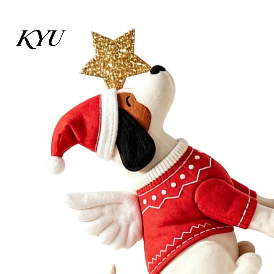 Winter Party Tabletop Ornament Felt Dog Christmas Tree Topper, Plush Stuffed Angel Treetop with Animal Santa Hat And Glitter Star for Xmas Tree,