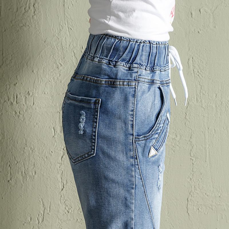 Джинсовые шорты большого размера для девочек, весенние эластичные свободные рваные брюки с высокой талией и широкими штанинами