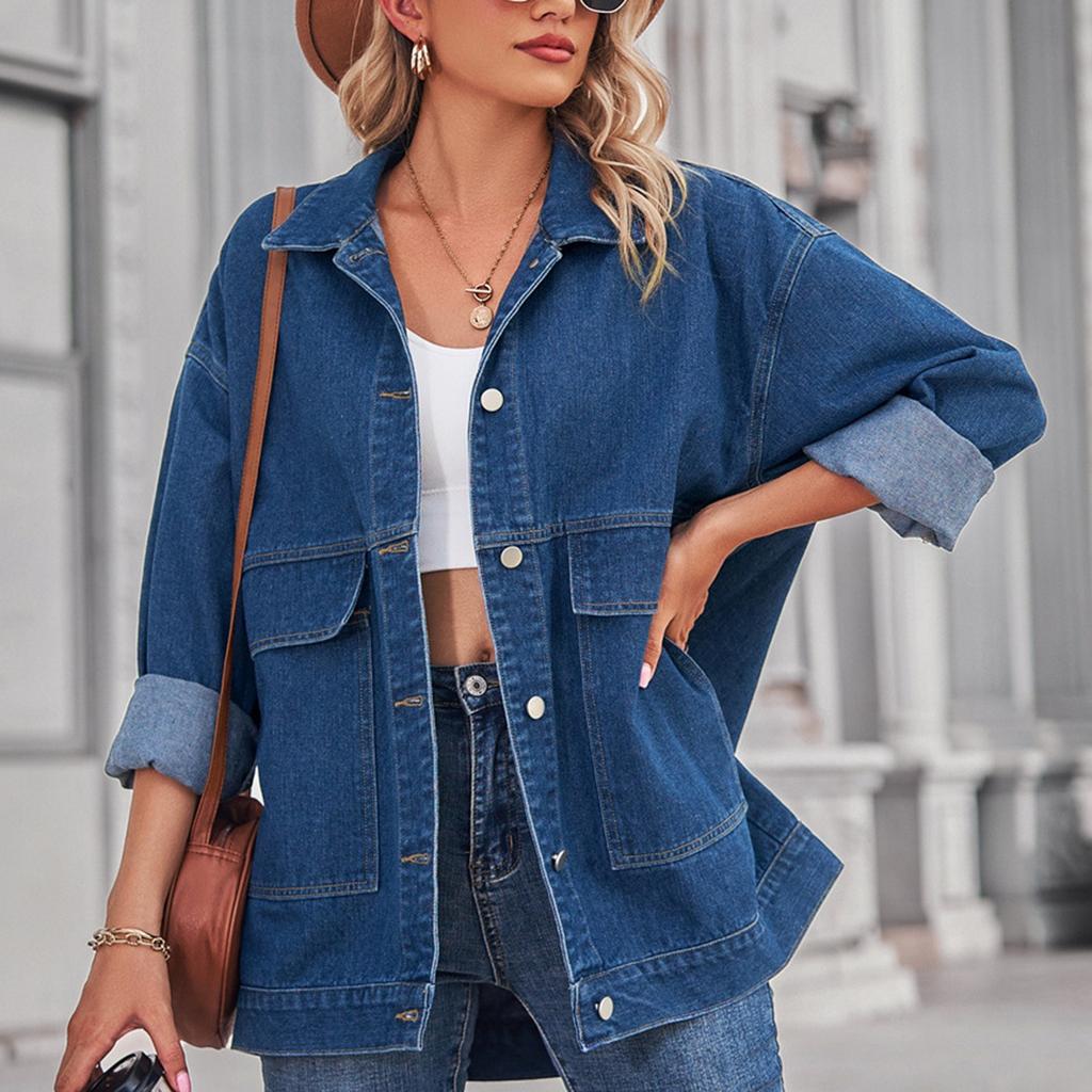 Women's Fashionable Versatile Classic Retro Solid Color Lapel Long Sleeved Pocket Loose Denim Jacket