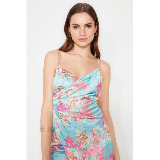 Multi Colored Floral Printed Satin Dress