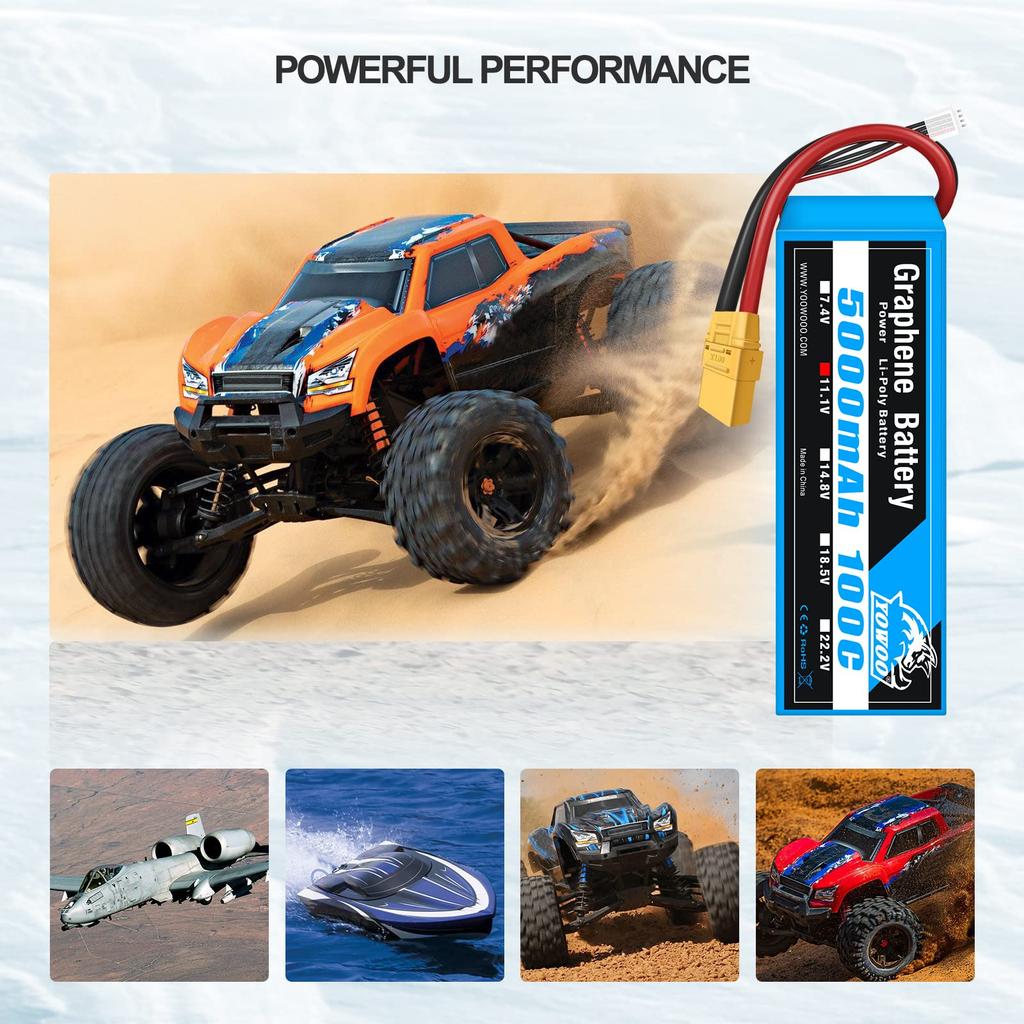 LiPo Аккумулятор Yowoo Graphene, 11.1V 3S 5000mAh 100C с разъемом XT90, для RC самолетов, квадрокоптера DJI F450, самолетов, вертолетов, Traxxas, масштаб 1/8