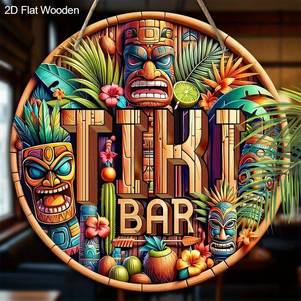 Tiki Bar Sign, Wooden Printed Tiki Decor Round Signs, Outdoor Signage with Tiki Statue