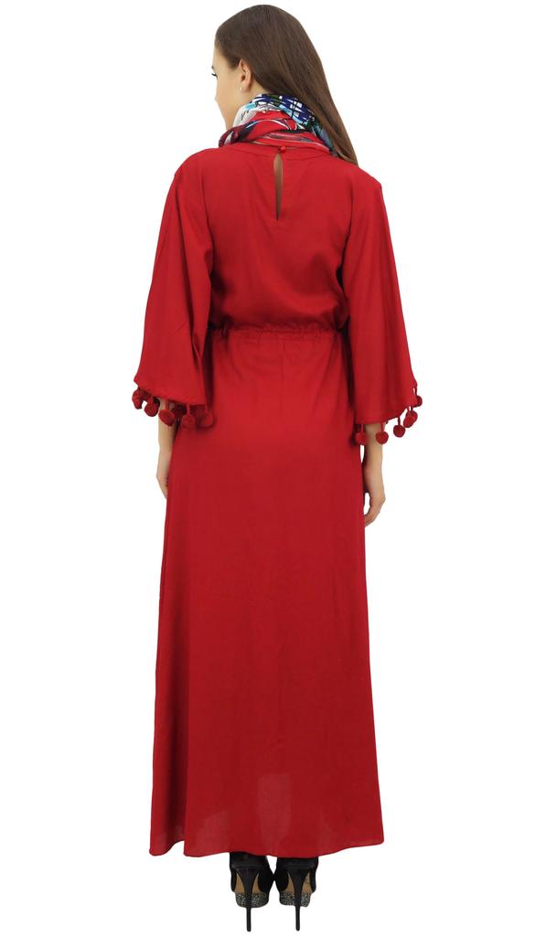 Bimba Женское повседневное платье макси с помпонами и рукавами-колокольчиками цвета морской волны с шарфом -