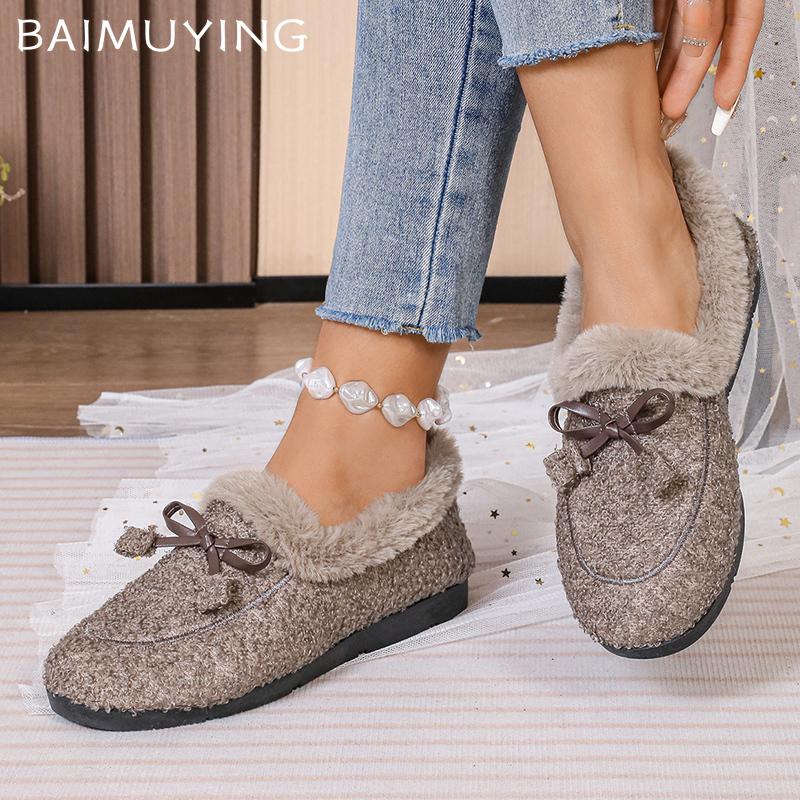 Туфли на плоской подошве женские мокасины с бантом из меха дизайнерская повседневная обувь короткие плюшевые хлопковые сапоги зимние новые брендовые теплые тренды 2024 года Zapatos Femme