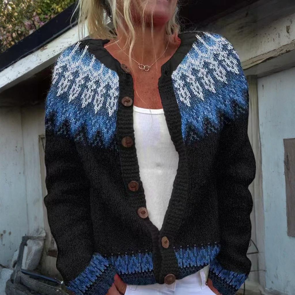 Кардиганы в стиле Fair Isle для женщин, с круглым вырезом, свободного кроя, на пуговицах, объемный свитер, с открытой передней частью, повседневная вязаная куртка на осень