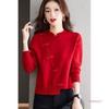 2025 Womens Knit Sweater Chinese Style Button Pullover Solid Color Basic Top Round Neck Princess Sleeve Slim Fit