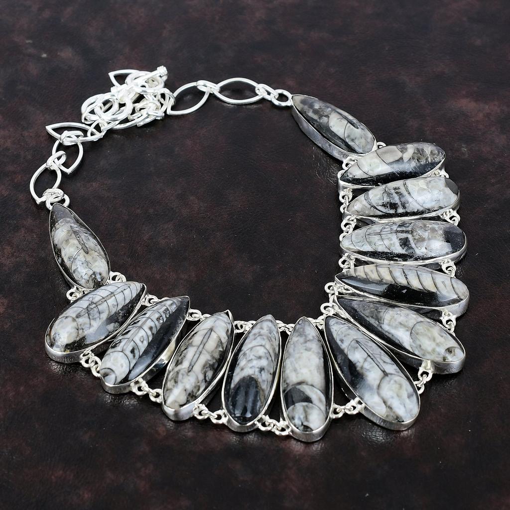 Orthoceras Ископаемое ожерелье Ожерелье из драгоценного камня Ожерелье из стерлингового серебра 925 пробы Регулируемая цепочка Ожерелье Антикварные ювелирные изделия ручной работы Подарок для матери