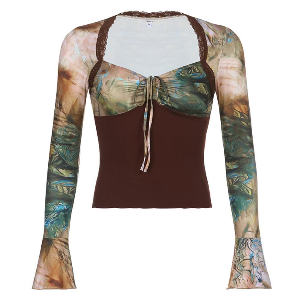 Long Sleeves Transparent Flower T-shirt Pleated Slim Crop Tops Spring Summer