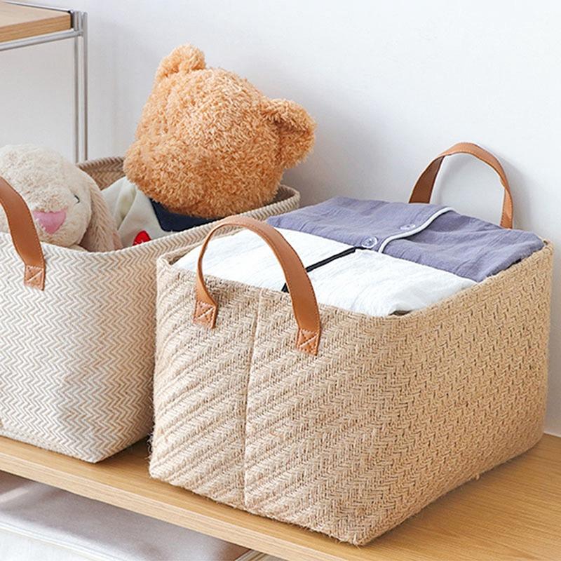 WCIC New Wicker Baskets Jute Rectangular Storage Basket With Handle Foldable Sundries Organizer Home Decor