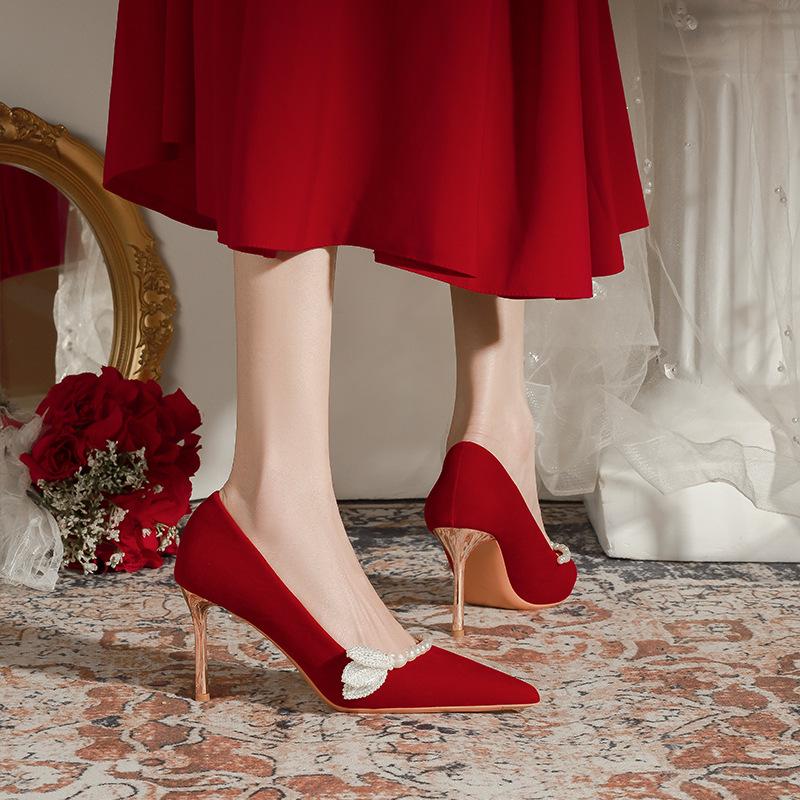 Red Thin Heel Single Shoes Pearl Stiletto Pointed Toe Suede Slip On Silk Women Soft Beaded Pumps Bride Satin High Heels