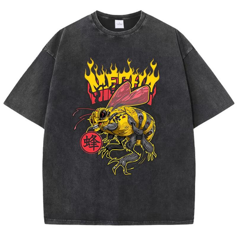 Casual Womans Acid Wash T-Shirts Retro Manga Bees Printing Tops Crewneck Distressed Oversize Cotton Tees Trend Clothes