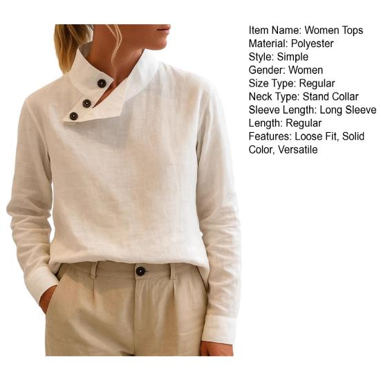 Женские топы Стойка воротник Скошенный пуговичный вырез Длинный рукав Пуловеры Однотонный Свободный крой Повседневные топы Для работы Вечеринки Повседневной носки