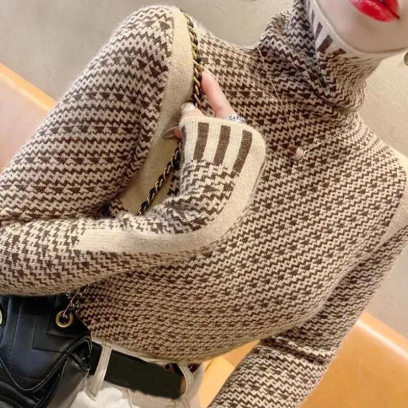 Свитер с высоким воротником, пуловер, женский лоскутный свитер, модный осенне-зимний повседневный свитер с длинными рукавами, женский пуловер