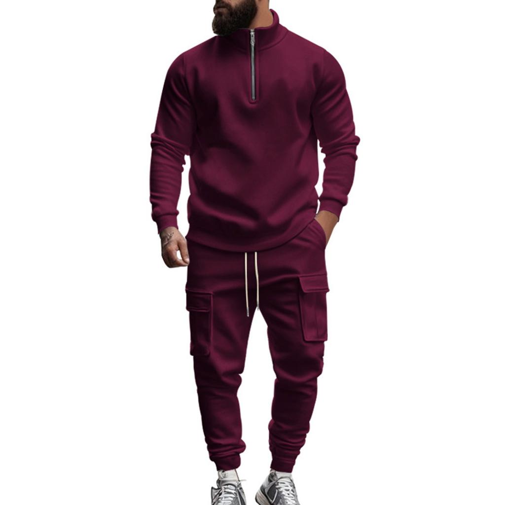 Men's Winter Casual Plus Velvet Warm Zipper Stand Collar Sweatshirt Men's Sports Pants Sweatshirt Set