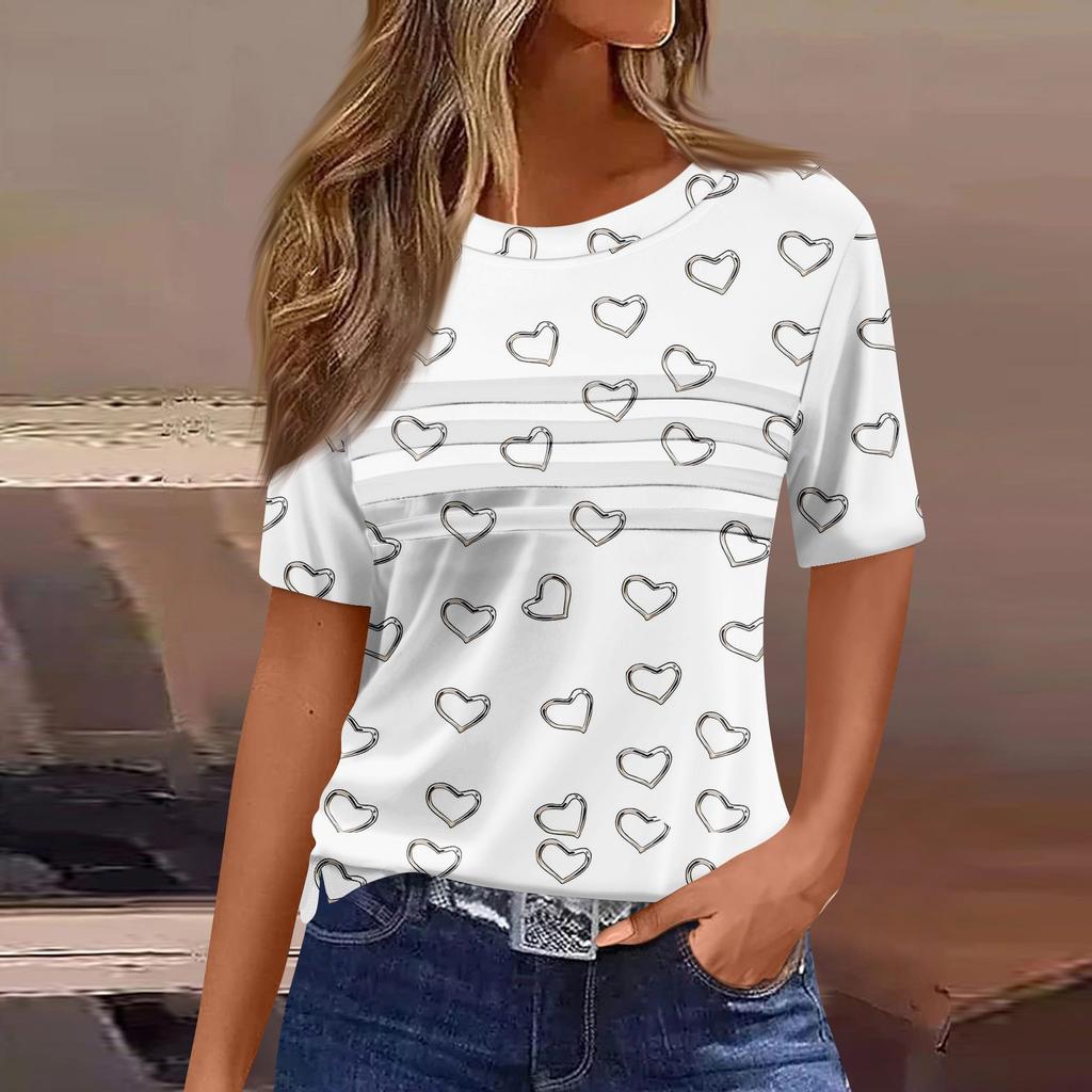 Футболки для женщин, плиссированные, с круглым вырезом, нарядные, повседневные, блузки с принтом, с коротким рукавом, летние топы, свободный крой