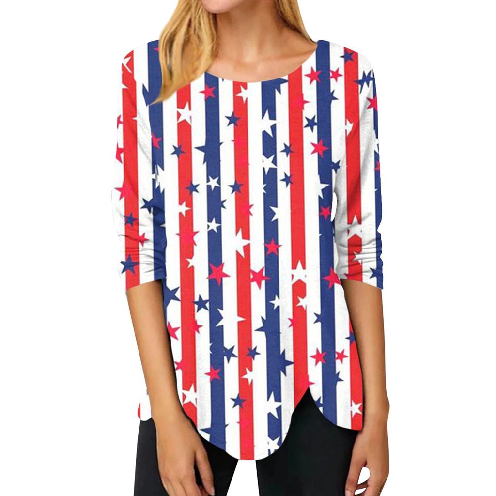 Женская модная повседневная футболка с длинными рукавами и круглым вырезом в честь Дня независимости, нестандартного цвета, футболка с длинными рукавами с принтом, топ