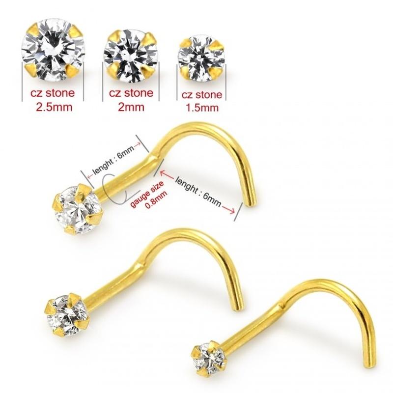 KODY PIERCING 9K Винт для пирсинга в носу из чистого золота и драгоценных камней, круглый кристалл CZ 2,5 мм - качественный пирсинг