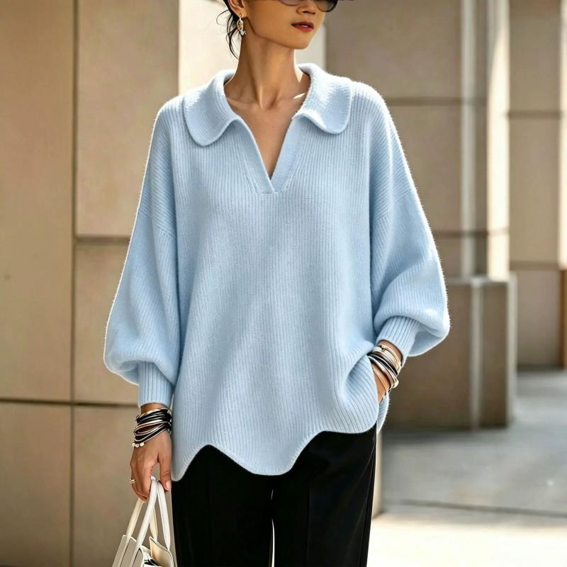Womens Oversized V-Neck Knit Sweater With Lantern Sleeves Loose Fit Solid Color Fall Winter 2026
