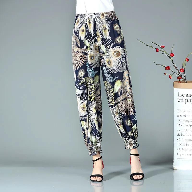 WTEMPO Summer Women Ice Silk Floral Printed Jogger Pants High Elastic Waist Stretchy Leggings Dancing Walking Pants