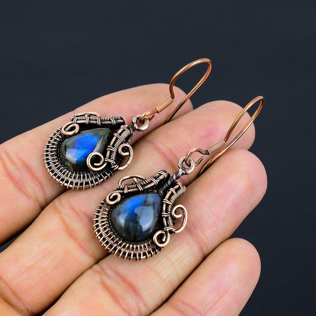 Beautiful Labradorite Gemstone Pure Copper Wire Wrapped Handmade Earrings Gift For Her