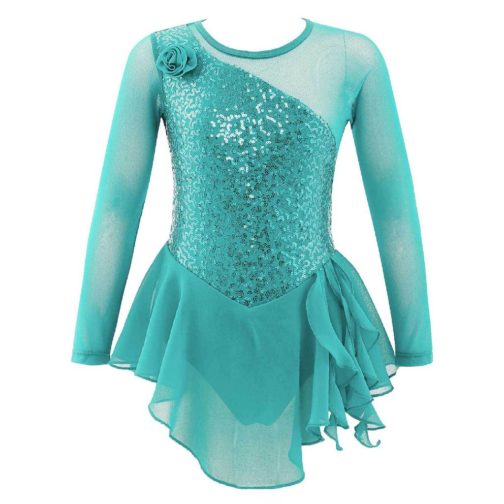 Girls Long Sleeve Mesh Patchwork Style Irregular Sequins Decor Dress Skating Dance Gymnastic Dress