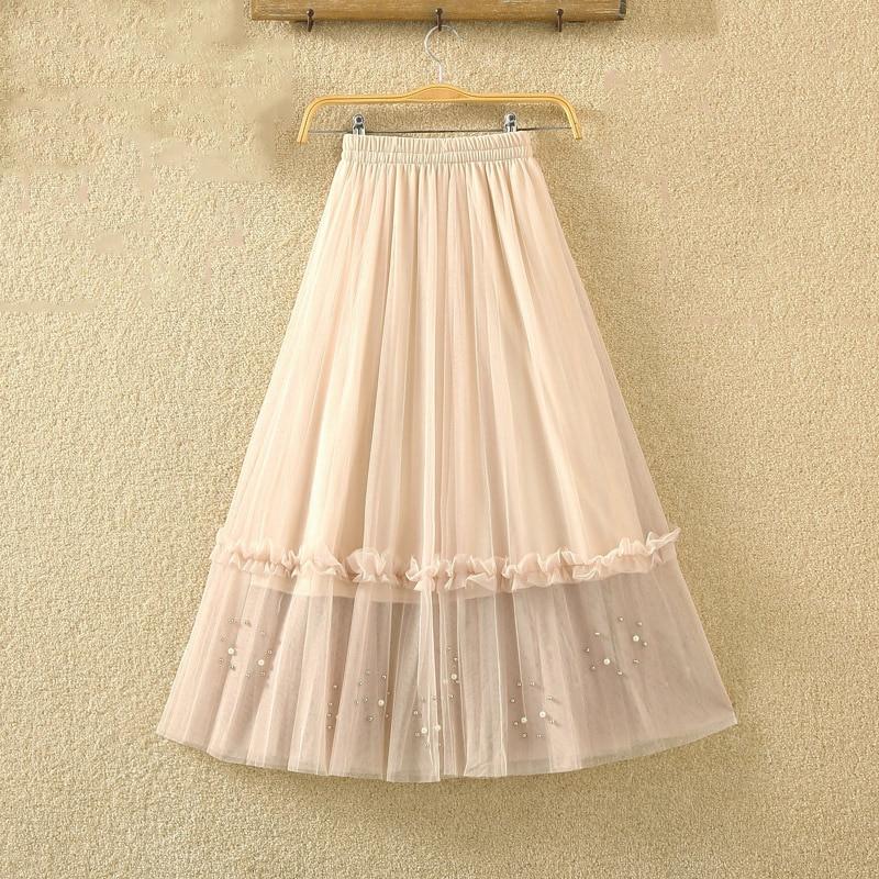 Qooth Женская 3-слойная тюлевая юбка-сетка с цветочным бисером, элегантная длинная юбка-пачка трапециевидной формы с эластичной резинкой на талии на весну и лето QT2146