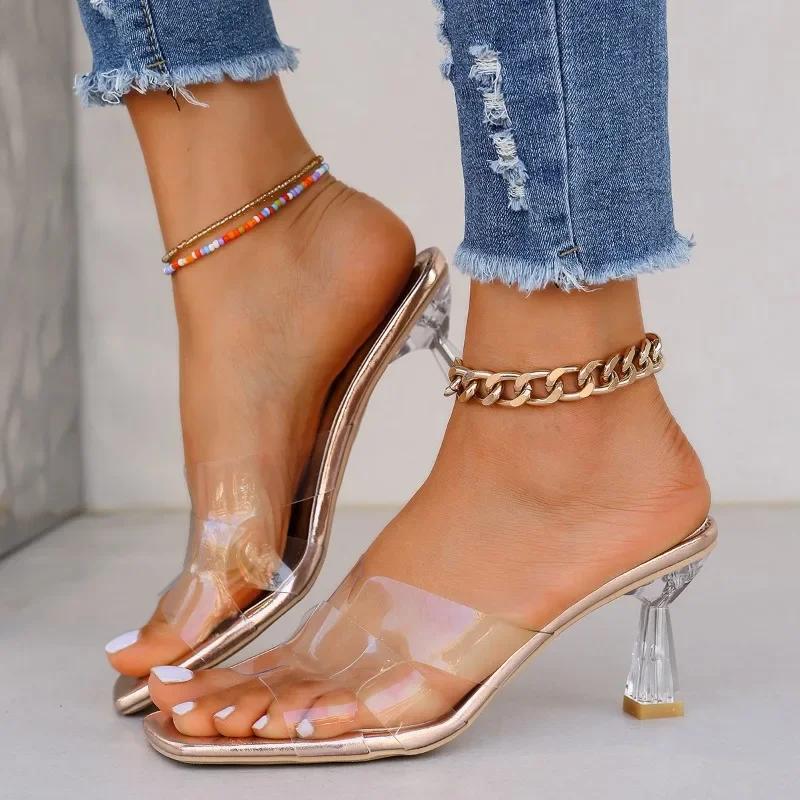 Летняя женская обувь 2024 года, хит продаж, модные женские туфли на высоком каблуке с открытым носком, прозрачные женские туфли на высоком каблуке, тапочки