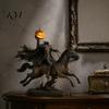 Sleepy Hollow Knight Ornament Headless Horseman Statue with LED Pumpkin Light, Resin Halloween Dark Retro Tabletop Figure Figurine, Horror Sculpture