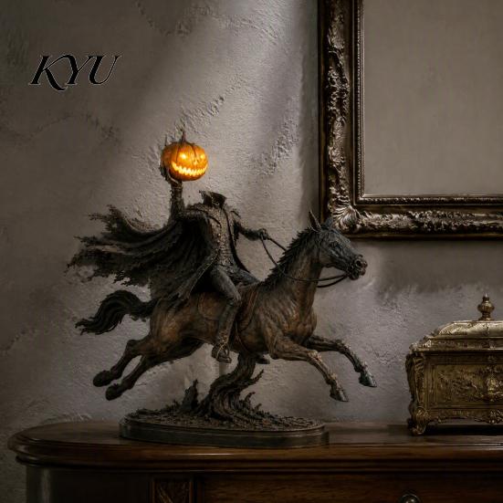Sleepy Hollow Knight Ornament Headless Horseman Statue with LED Pumpkin Light, Resin Halloween Dark Retro Tabletop Figure Figurine, Horror Sculpture