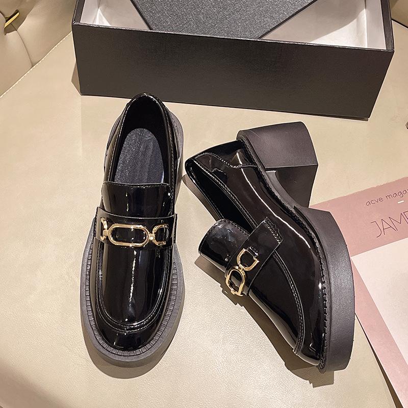 Metal Chain Platform Spring and Autumn Loafers Women's Black Thick Heel High Heel Retro British Small Leather Shoes One Pedal Single Shoes