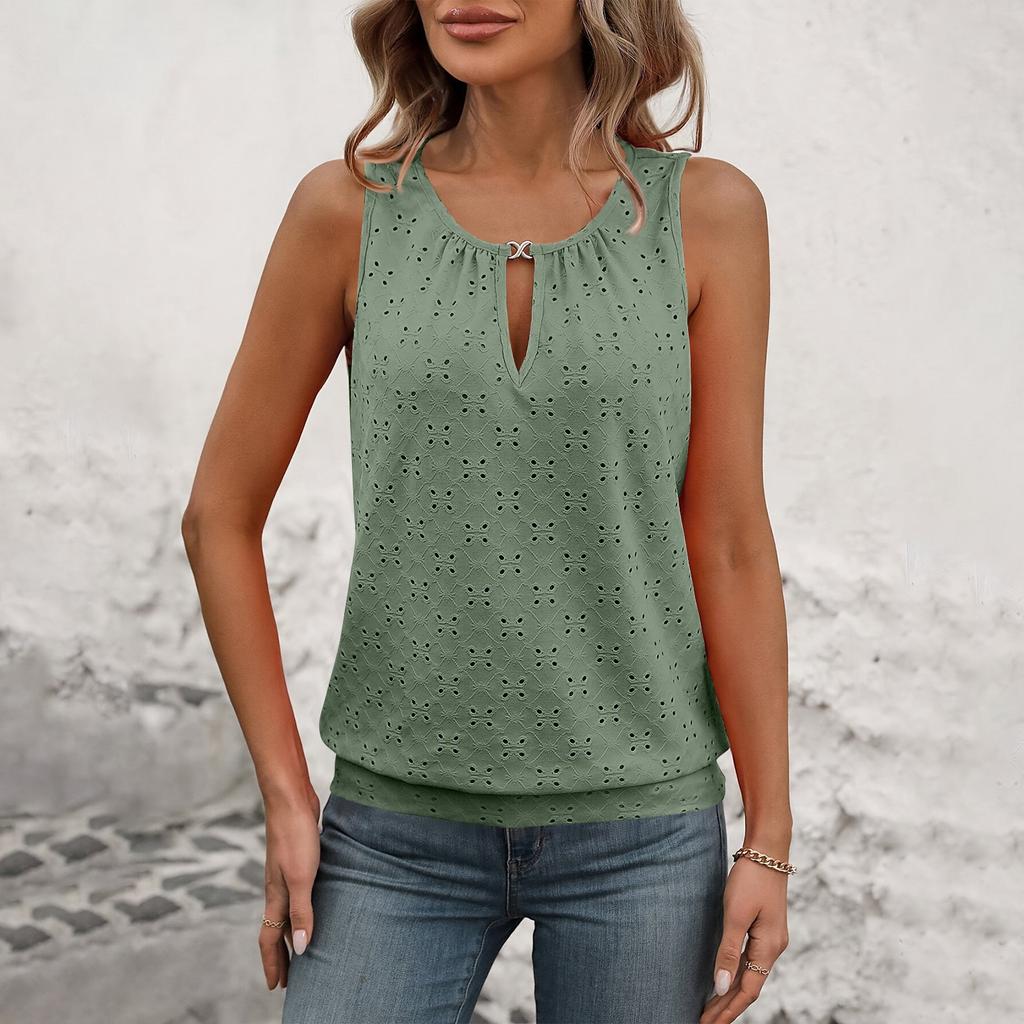 Женская модная однотонная футболка без рукавов с пряжкой и круглым вырезом