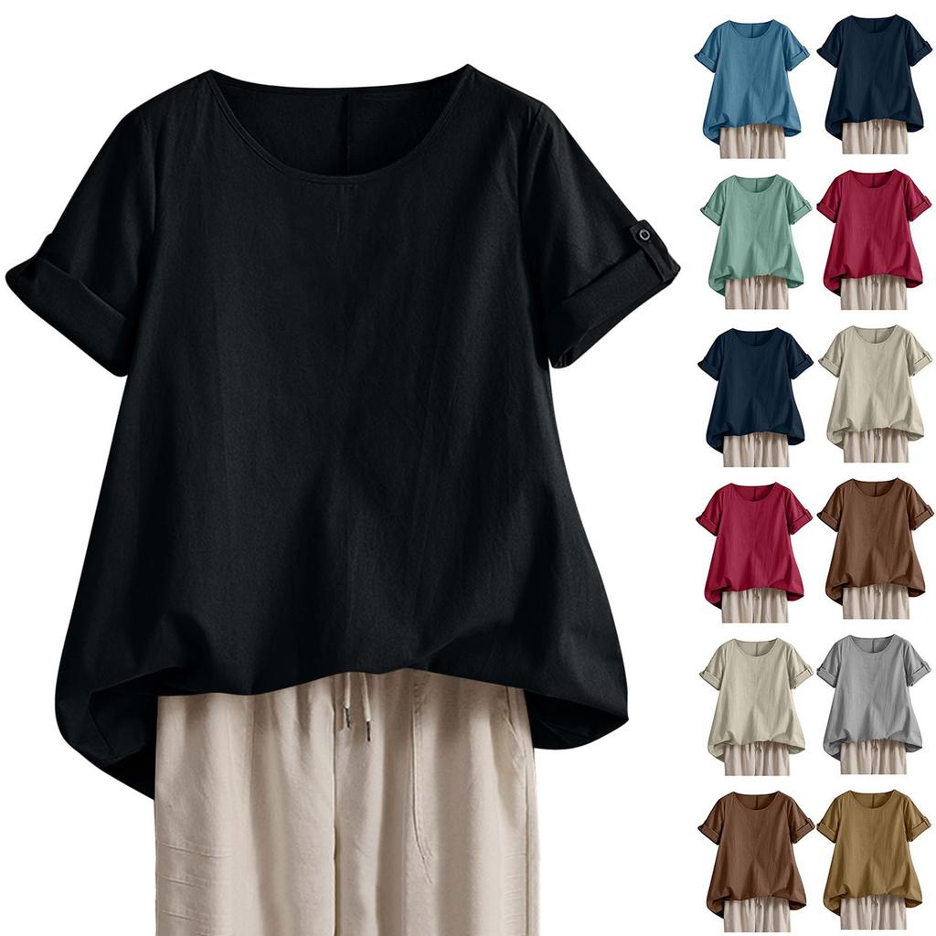 Womens Shirt Round Neck Short Sleeve Blouse Tops Fashion Solid Color Loose Casual Summer Tops