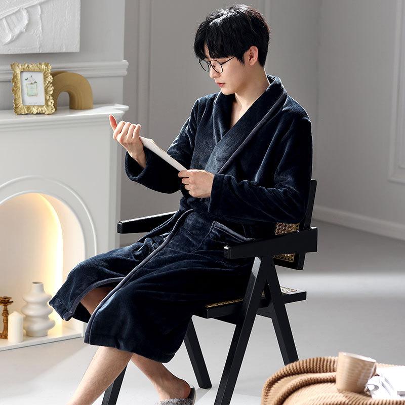 Мужская зимняя ночная рубашка из кораллового флиса, теплая флисовая утолщенная фланелевая роба средней длины, мужская зимняя пижама, халат