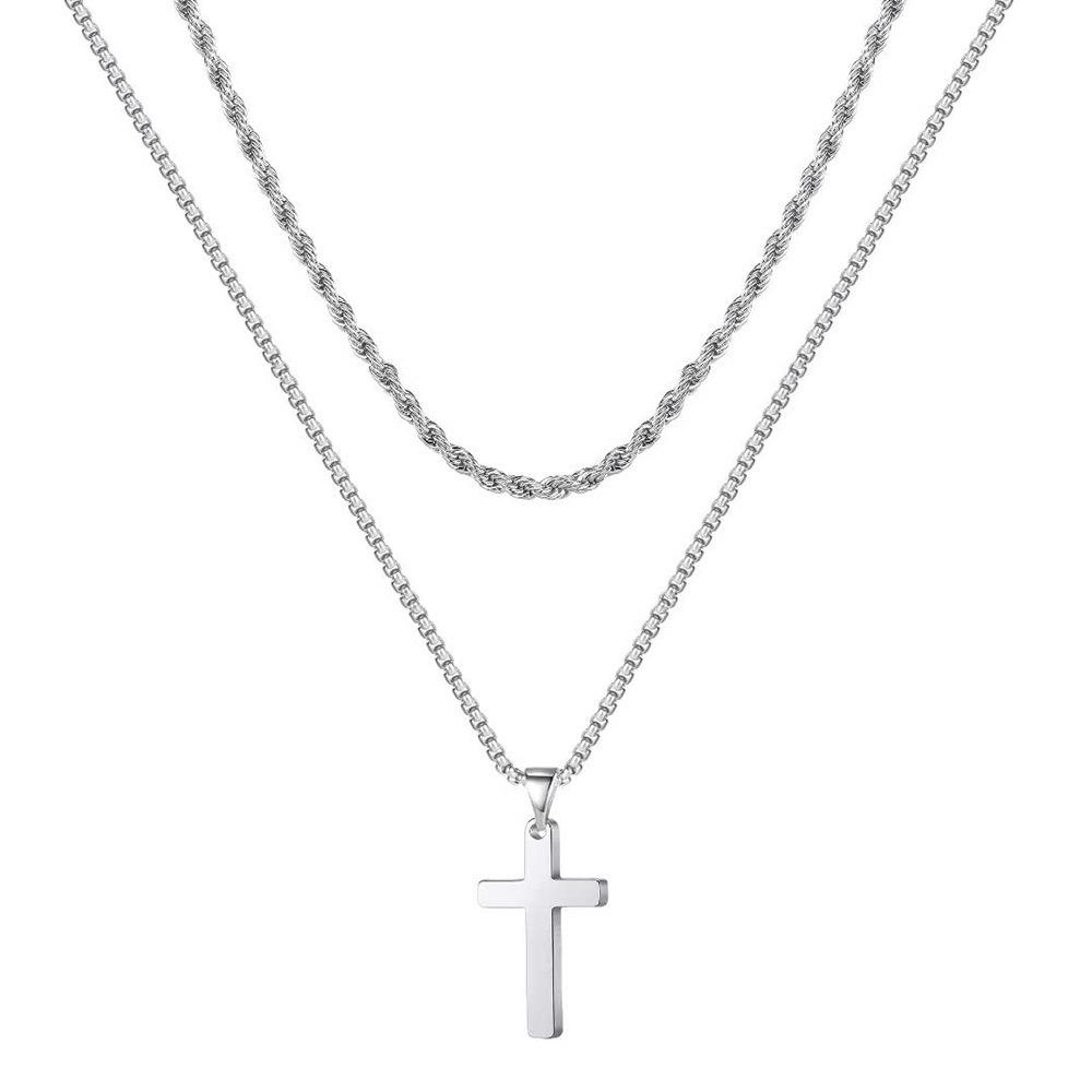 Dropshipping Jewelry Stainless Steel Twist Chain Snake Bone Chain Men's Cuban Chain Double Cross Pendant Necklace