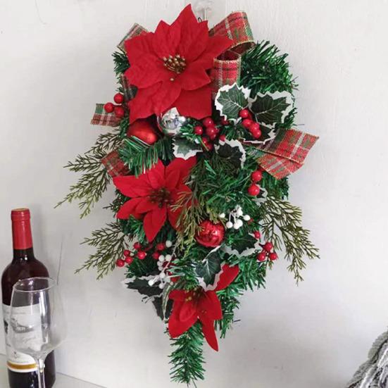 Рождественский венок с красным цветком, клетчатый шар с бантом, многоразовый праздник, внутреннее наружное окно, передняя дверь, подвесная искусственная гирлянда, лестница