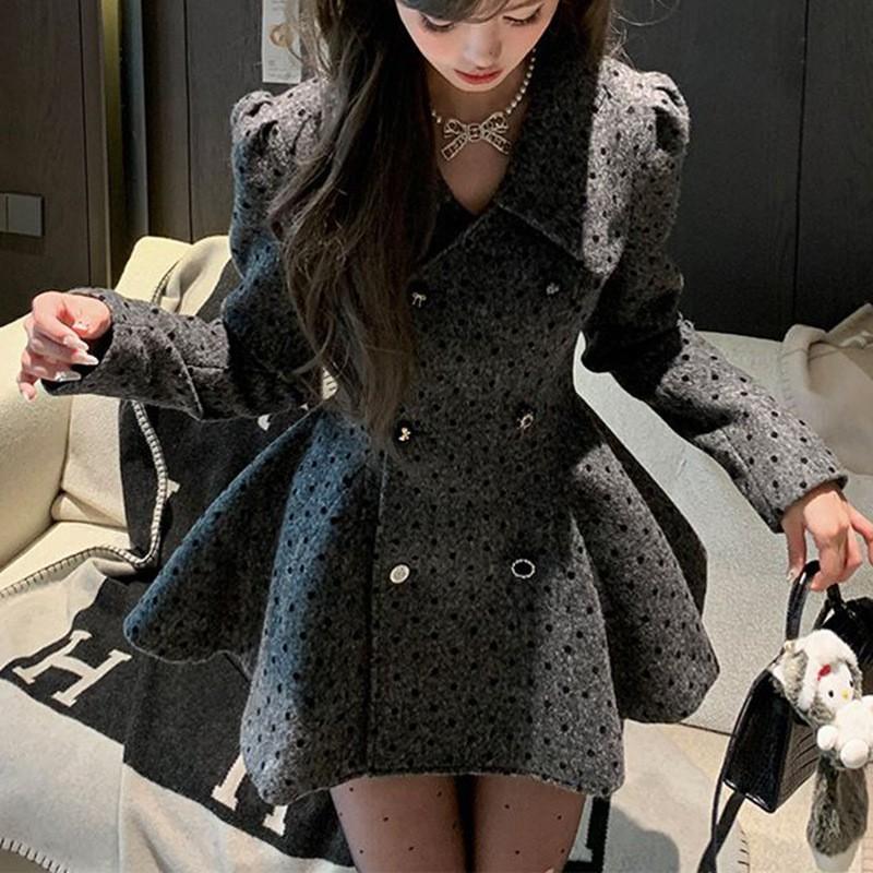 Womens Polka Dot Blazer Dress Long Sleeve A-line Skirt Double Breasted Waist Slim Short