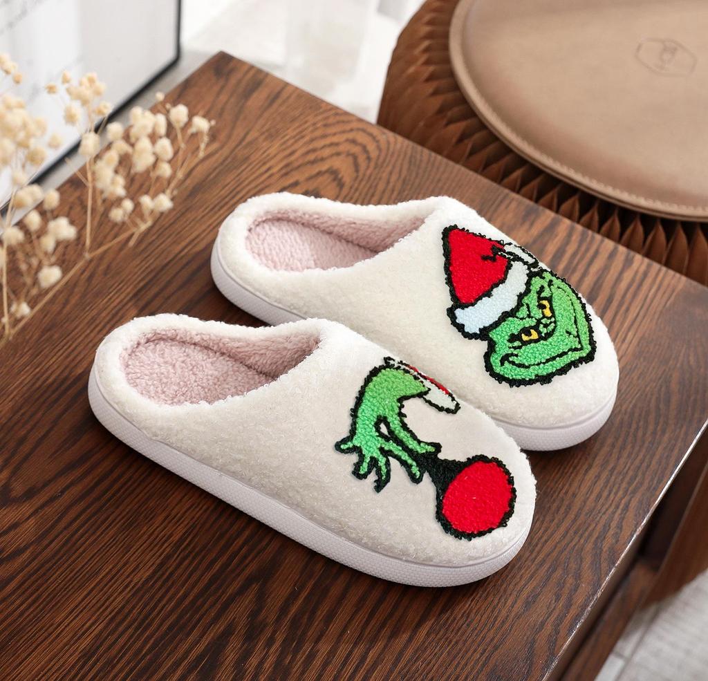 Christmas Grinch Cotton Slippers for Men & Women - Cozy Winter Furry Footwear